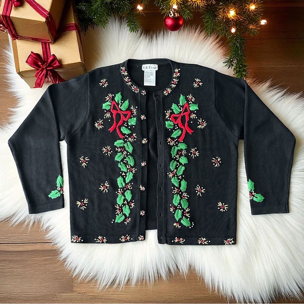 B.P. Designs Women's Christmas Sweater Size Large Black Festive Red Bow Cardigan